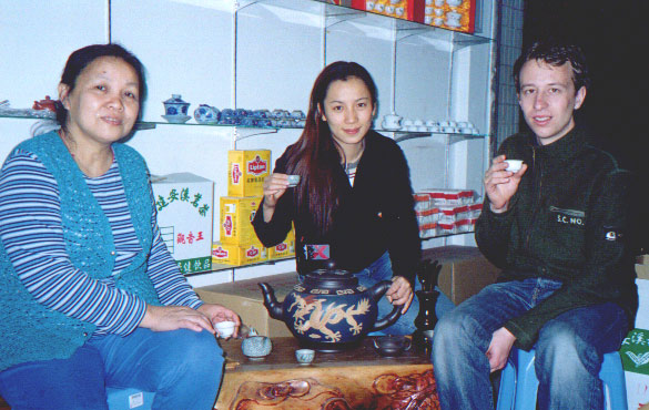 Auntie, Nancy and Daniel drink tea in a tea shop in ShunDe China